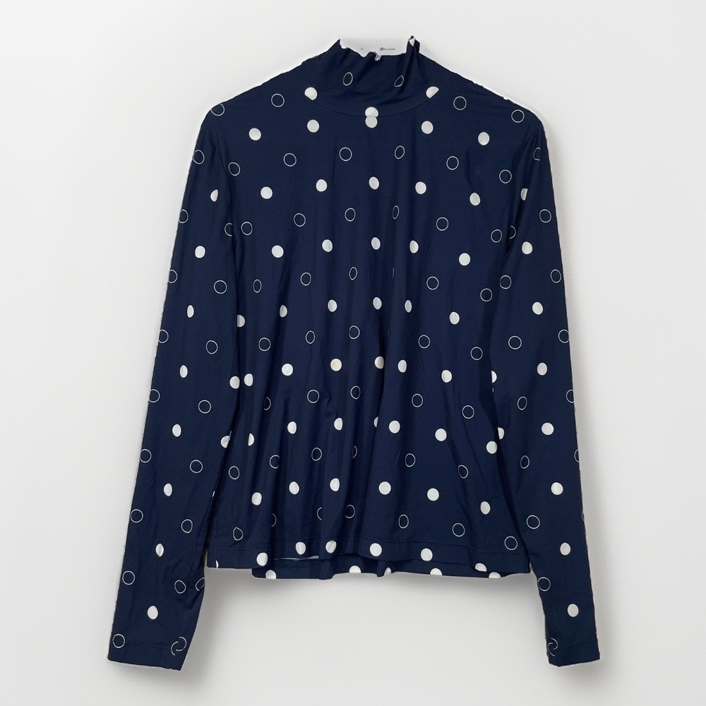 St. John Womens XL Navy Polka Dot Stretchy Mock Neck Long Sleeve Top Blouse